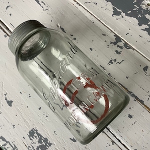 2 quart sealer jar light blue Improved GEM made in Canada with matching lid, zinc twist band slope shoulder with small bubbles