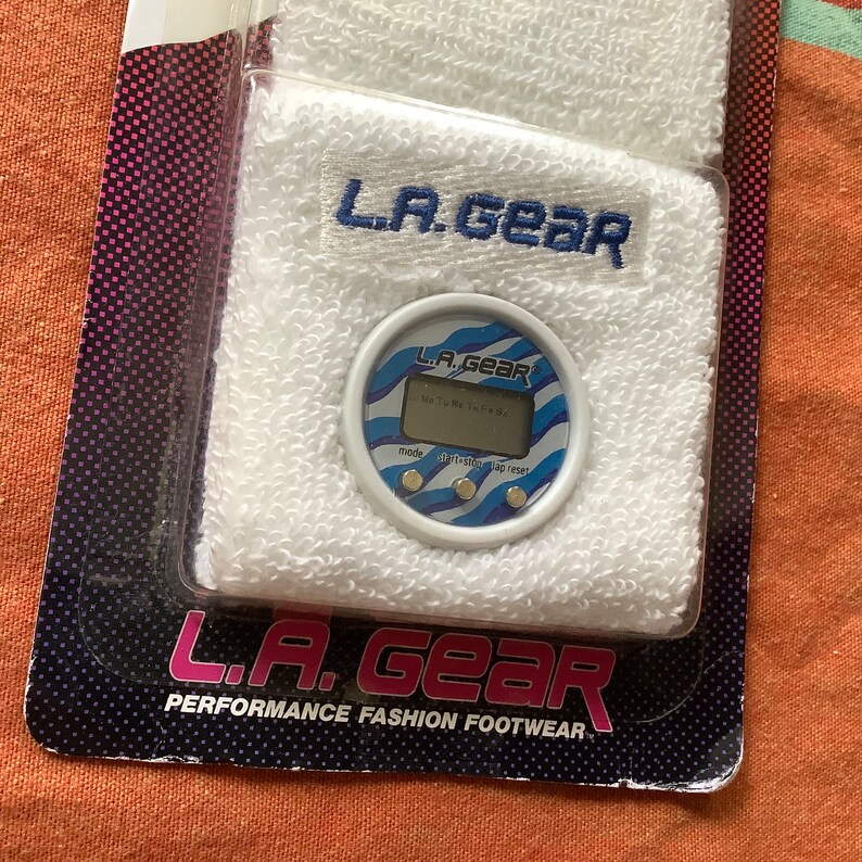 LA Gear unstoppable digital sport watch vintage 90s on wrist sweat band for exercise running cycling in original package 80s fitness image 4