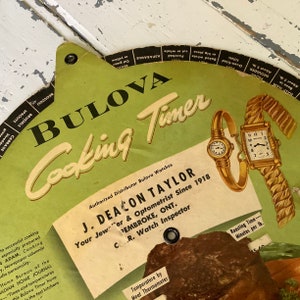 Bulova watches sign cooking timer Vintage jeweler advertising kitchen, turn to select meat etc, watch inspector Farm house film prop decor