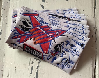 90s jacket patch with airplane, polar crash video game? woven label appliqués for Jean jacket, t shirt or jeans, new old stock