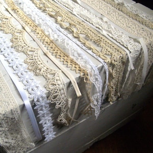 Vintage white lace sampler, mixed pack of 12 pieces of vintage lace, ribbon, trim, 24 each piece, destash sewing scrapbook art trim image 1