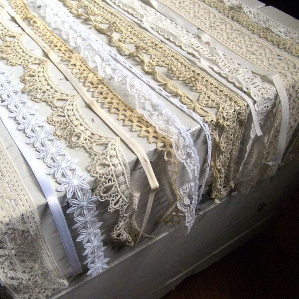 Vintage white lace sampler, mixed pack of 12 pieces of vintage lace, ribbon, trim, 24" each piece, destash sewing scrapbook art trim