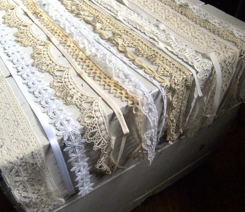 Vintage white lace sampler, mixed pack of 12 pieces of vintage lace, ribbon, trim, 24 each piece, destash sewing scrapbook art trim image 1