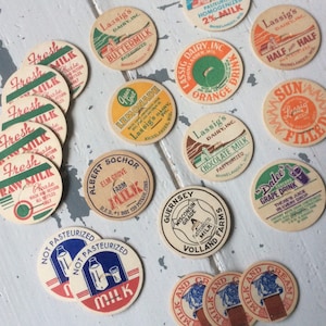 Milk caps, 20 genuine vintage paper milk top pogs with dairy farm advertising printed in colour, mix variety pack lot for crafting, collage