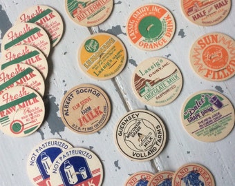 Milk caps, 20 genuine vintage paper milk top pogs with dairy farm advertising printed in colour, mix variety pack lot for crafting, collage