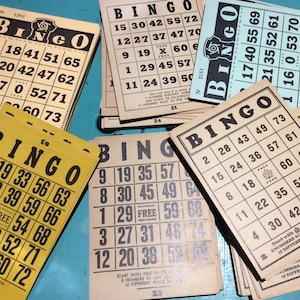 Tarjetas de bingo vintage de 8 piezas: crema/azul, uso para decoración de fiestas temáticas de feria estatal o carnaval, diario basura de álbumes de recortes, manualidades con niños o adolescentes