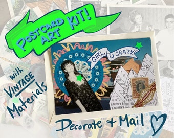 Decorate your own postcard kit — vintage postcards, photos and ephemera with stickers and clippings. Craft kit for teens, girls, Christmas