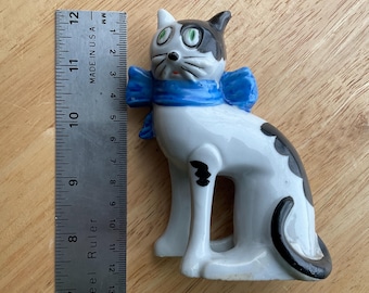 Ceramic cat figurine made in Japan googley eyes arched back character exaggerated silly guy with blue bow tie gift for mom cat lover