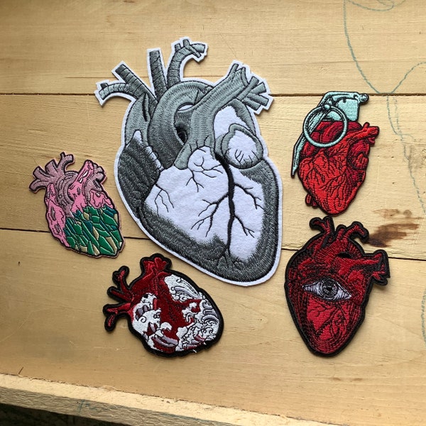 New anatomical heart iron on patch, heart with waves grenade evil eye crystals oversized grey white badge on jacket backpack