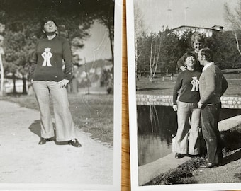 Vintage 70s Photo Set: Knit Sweater & Laughing Friends, Candid Black and White