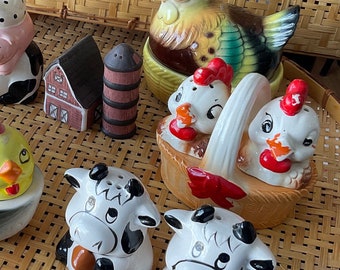 Farm animal salt pepper shakers CHOOSE 1 hen with eggs nest, black white cows, chicks in basket, Japan ceramics vintage cottage core decor