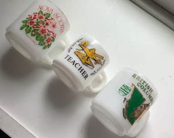 Teacher gift mug choose one vintage milk glass coffee cup yellow oil lamp green gold British Columbia, Nova Scotia pink mayflower wildflower