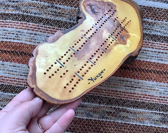 wooden cribbage board family card games night, unique Yukon handmade vintage raw edge rustic cabin decor, wood slice tree bark cottage