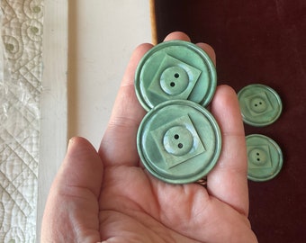 Jade green coat buttons, 4 large carved square detail matching vintage plastic sew through matte glossy sweater wool vest 1960s 70s 43mm