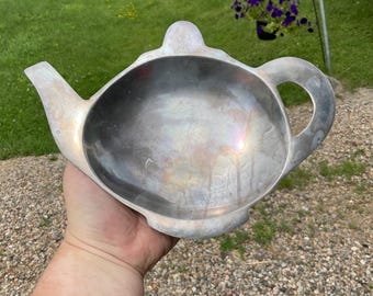 Metal tea pot shaped snack dish cookie plate bowl extra large tea bag holder vintage serving tray for tea time unmarked tarnished mcm decor