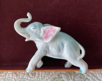 Ceramic elephant trunk raised up vintage japan pink blue grey white good luck fortune collection gift mom granny core cottage decor pastel