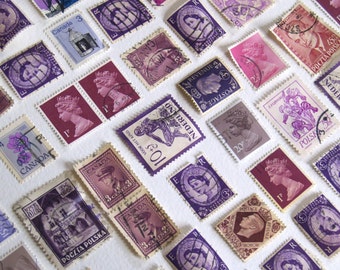 Vintage purple stamps lot of 50, for paper crafting, collage art, wedding invitations, card making, junk journal glue book