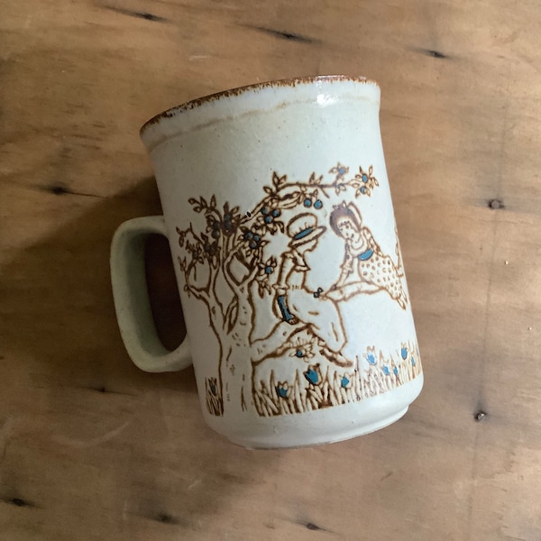 Duncan ceramics mug 4” made in Scotland ironstone tea UK grey earthenware clay decorated brown blue ladies in dresses bonnets tree branches