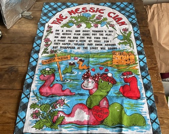 Scotland souvenir tea towel Loch Ness monster nessy clan, cotton kitchen decor, kitschy kitchen art silly funny gift for mom nostalgic 1980s