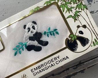 Vintage Silk hanky embroidered Panda Bear Handkerchief souvenir Gift from Shanghai China never used soft pure silk