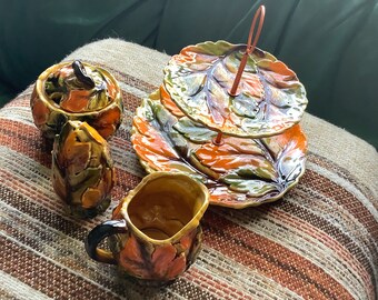 Mid century serving set orange green CHIPPED cabbage leaf cake stand creamer sugar bowl salt shaker Japan ceramic 1970s brown
