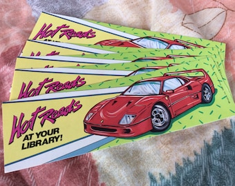 Vintage race car book mark hot reads at your library librarian book lover gift ephemera 1980s advertising 5 bookmarks hotrod car party