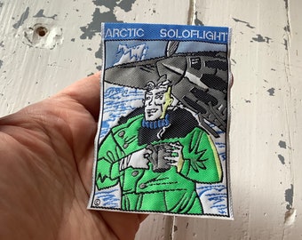 90s art patch, adventure classic airplane Arctic Soloflight, woven label appliqués for jacket, hat, face mask, t shirt jeans, new old stock