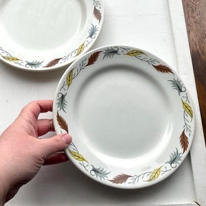 May include: Two white ceramic plates with a brown, yellow and grey leaf design around the rim.