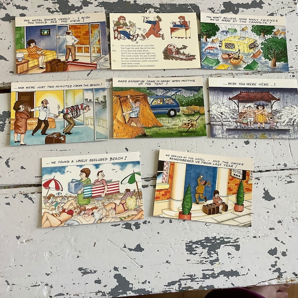 Funny postcards lot, rainy bad vacation jokes, Gentle humour, unused postcard lot for postcrossing, letter writing or collecting