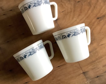 Pyrex milk glass mugs lot of 3 old town blue onion floral pattern D handle