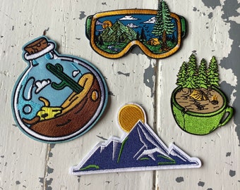 New Travel adventure iron on patch, mountain sunset, desert in a bottle, ski goggles, camping in a cup, badge for Jeans, jacket, backpack