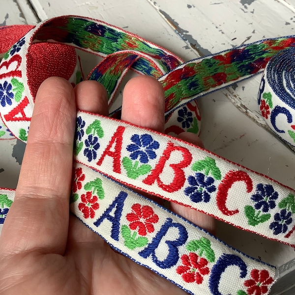 Kids jacquard ribbon, blue and red ABC alphabet, cute child or baby pattern, 7/8 inch wide by the yard, vintage cotton embroidered trim