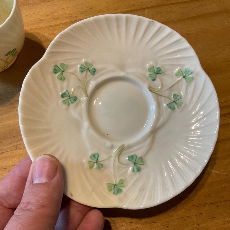 Vintage Belleek Ireland Porcelain Tea Cup Saucer With Lucky Irish