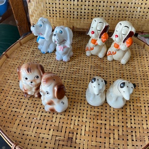 Dog salt pepper shakers LOT of 4 sets, Nipper rca masters voice, hounds on the phone poodle schnauzer puppy droopy hound mix collection gift