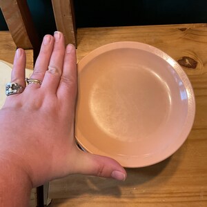 K&ouml;nnte beinhalten: Ein hellrosa Plastikteller mit leicht erh&ouml;htem Rand. Der Teller hat einen Durchmesser von etwa 20 cm.