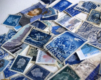 Blue Stamps vintage lot of 50 crafting collage travel art scrapbook embelisments cancelled used old stamps canada england germany
