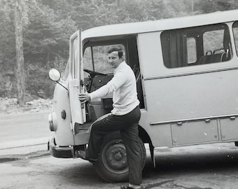 Vintage photo man with truck standing beside Tam Tamić 60s 70s Dad people mover soviet yugoslavian Slovenia vw bus black white old snapshot