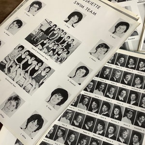 Årsboksfoton, 12 sidor av en svartvit universitetsårbok från 60-talet, för collagekonst, skräpjournal. Idrottslag, danser, parad, klubb