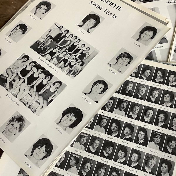 Year book photos, 12 pages of 60s vintage university black and white yearbook, for collage art junk journal. Sports teams dances parade club