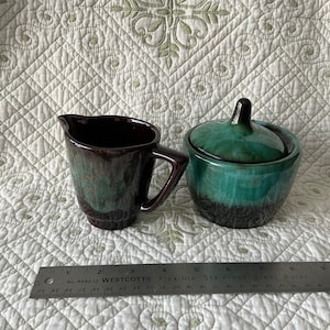Redware blue mountain pottery lidded sugar bowl with Summerside PEI creamer pitcher green drip glaze candy dish BMP signed marked mcm 70s