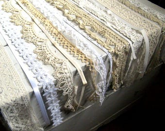 Vintage white lace sampler, mixed pack of 12 pieces of vintage lace, ribbon, trim, 24&quot; each piece, destash sewing scrapbook art trim
