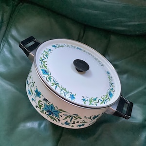 Blue white enamel pot Abeco floral green, midwinter Spanish garden pattern made in France farm kitchen mcm mid century 60s cottage core