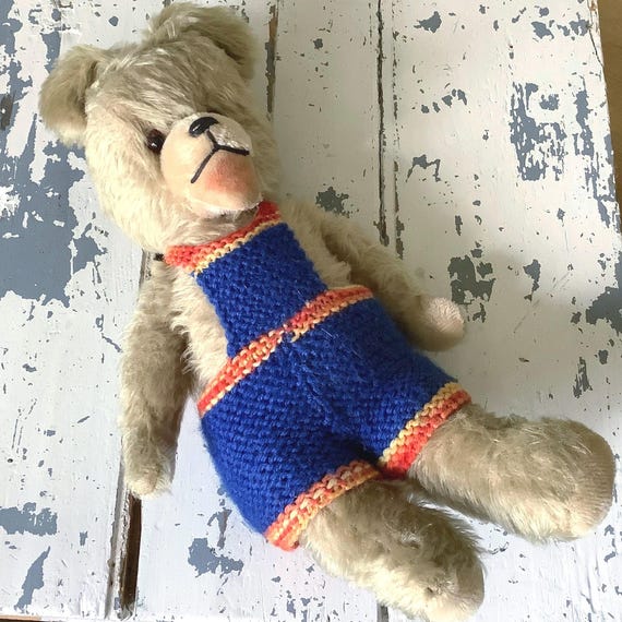 Antique teddy bear light fur knit overalls blue and red stripes Steiff style possibly hand made stitched nose vintage toys