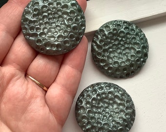 Green coat buttons, 3 large metallic fancy matching vintage plastic dimpled coral texture shank collectible, sweater purse closure 1960s nos