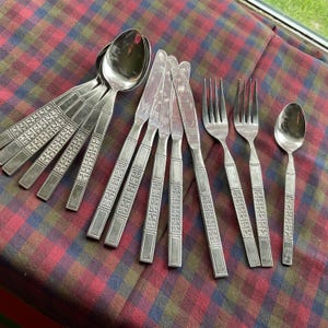 mcm flatware cutlery set incomplete matching 14 piece Japan Stainless mid century modern retro pattern kitschy fork spoon knife vintage 70s