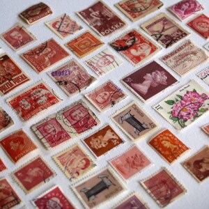 Vintage red stamps lot 50 mixed Canada and world used postage for paper collage junk journal handmade Christmas ornaments fall kids crafts image 2