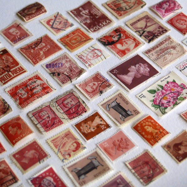 buy old stamp paper online Vintage stamps red lot, 50 pcs of mixed Canada and world used postage. Use for paper collage, macro photo props, journal glue book bits