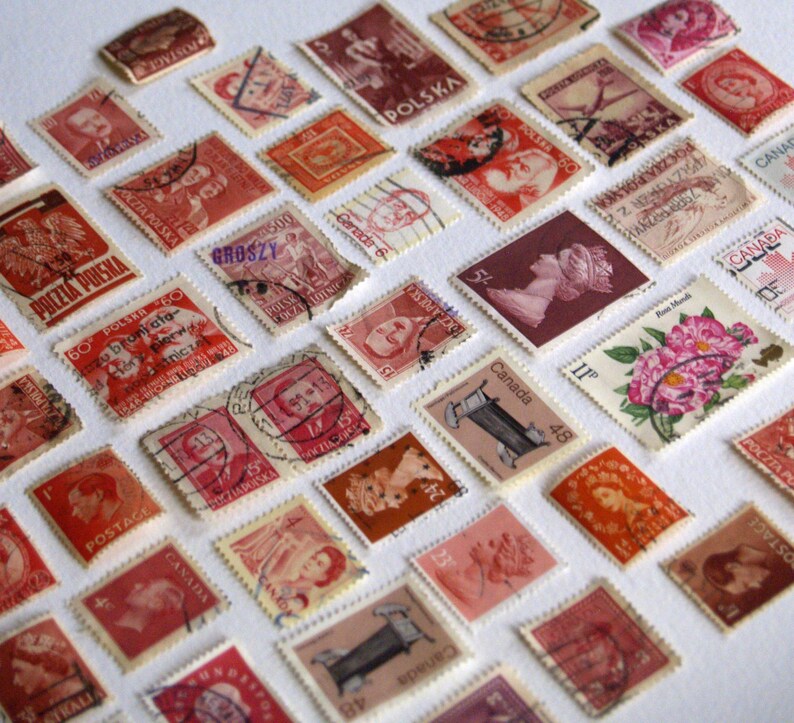 Vintage red stamps lot 50 mixed Canada and world used postage for paper collage junk journal handmade Christmas ornaments fall kids crafts image 2