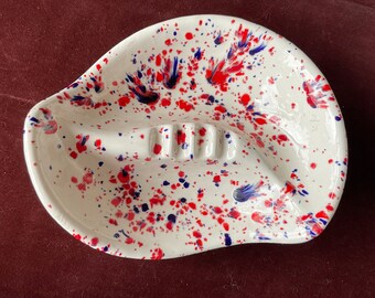 Vintage 70s speckled ceramic ashtray amoeba shaped FLAWS mid century modern red brown orange white