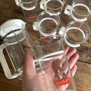 Bodum monkey cups with French press, six glass mugs with white plastic handles with cute monkey silkscreen on glass, star trek TNG tea cups